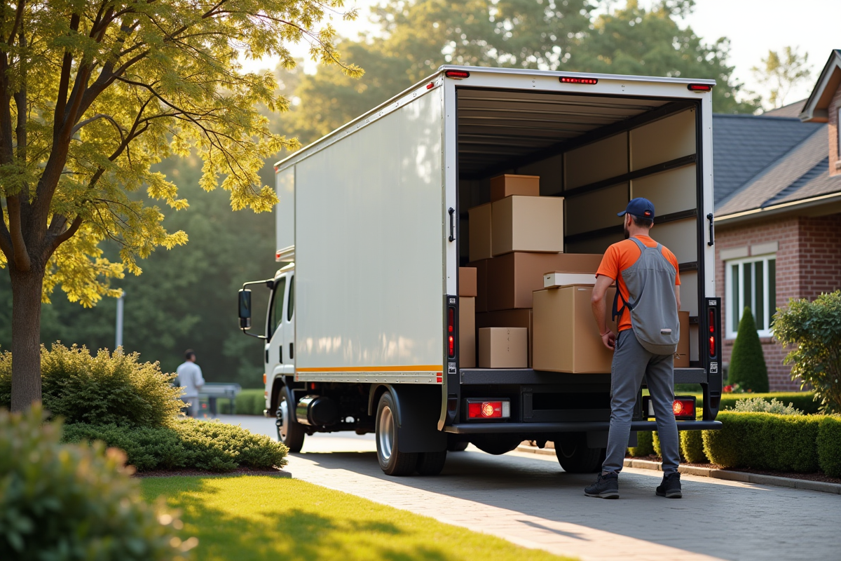 Camion de déménagement garé devant une maison avec des déménageurs chargeant des meubles
