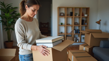 Femme d'âge moyen emballant des livres dans une boîte