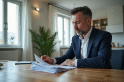 Homme d'âge moyen en costume bleu dans une cuisine moderne