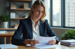 Femme en blazer navy examine des documents de location