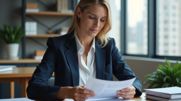 Femme en blazer navy examine des documents de location