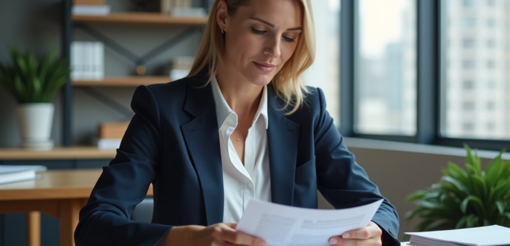 Femme en blazer navy examine des documents de location