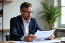 Homme d'âge moyen en costume bleu examine des documents de construction