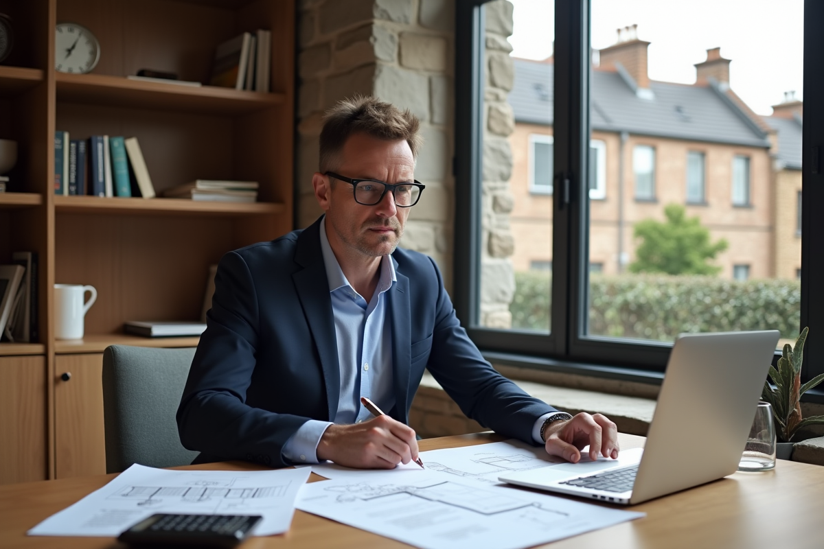 Homme d'affaires examinant des plans d'architecture dans un bureau élégant