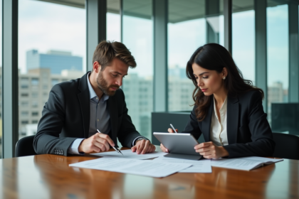 Couple d'adultes en réunion immobiliere dans un bureau moderne