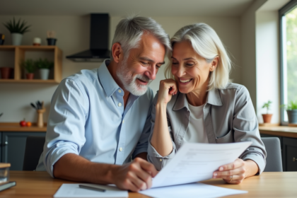 Couple d'adultes examinant un document de mortgage à la maison