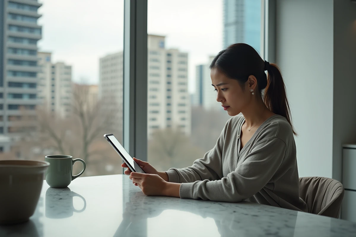 Femme assise en cuisine avec tablette numérique
