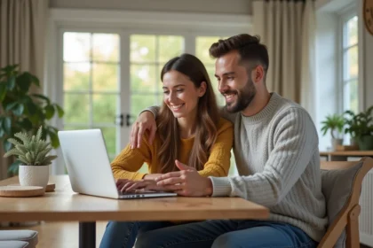 Jeune couple souriant lors d'une visite virtuelle de maison