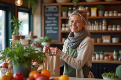 Femme commerçante souriante derrière le comptoir d'une épicerie locale