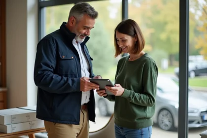 Professionnel expliquant un certificat energie à une femme