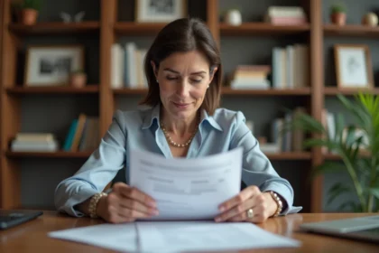 Femme d'âge moyen dans un bureau à domicile examine une estimation immobilière