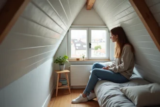 Jeune femme dans une petite chambre mansardee intime