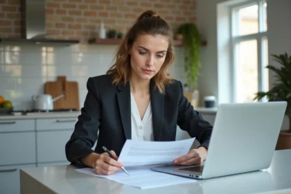 Jeune femme en bureau étudiant des papiers dans un appartement moderne