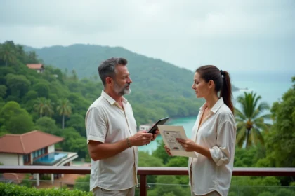 Un couple occidental examine des documents immobiliers sur une terrasse avec vue sur les collines et villas de Koh Samui en arrière-plan