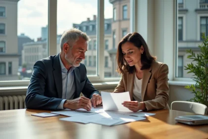Couple d'adultes examinant des documents dans un appartement lumineux