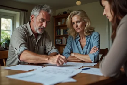 Frère et sœur en désaccord autour de documents immobiliers lors d'une réunion de famille tendue