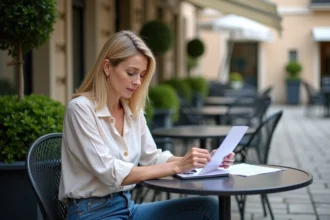 Femme d'âge moyen examinant des documents fiscaux en terrasse