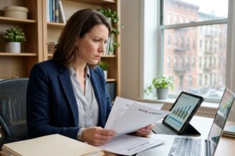Femme professionnelle gérant ses investissements immobiliers locatifs depuis son bureau à domicile avec tablette et documents