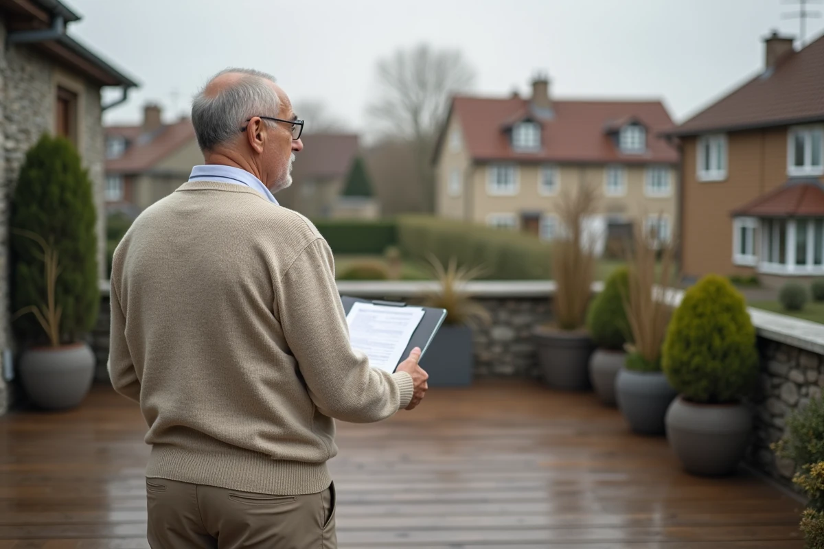 Homme âgé regardant ses papiers fiscaux sur sa terrasse