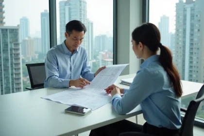 Agent immobilier thaïlandais présentant des plans de condominium sur plan à une acheteuse dans un bureau moderne de Bangkok