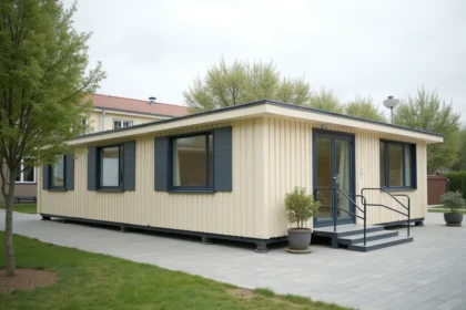 Bâtiment modulaire ALGECO aménagé installé dans la cour d'une école avec rampe d'accès et fenêtres double vitrage