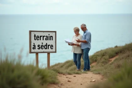 Couple familial examinant un terrain à vendre en bord de mer sur la côte atlantique