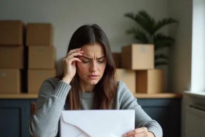 Femme stressée tenant une lettre de préavis d'appartement trop tardive à la table de cuisine entourée de cartons de déménagement