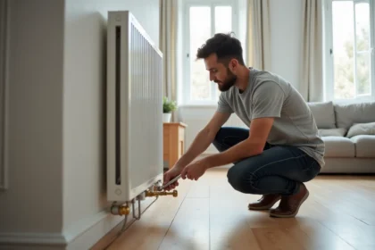Locataire inspectant la valve d'un radiateur dans un appartement moderne, illustrant les charges d'entretien locatives