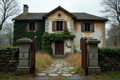 Maison abandonnée en pierre avec volets fermés et végétation envahissante, symbolisant une succession ou donation immobilière