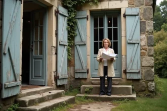 Femme évaluant un manoir abandonné en pierre à vendre pour un projet de gîte, facade envahie par le lierre