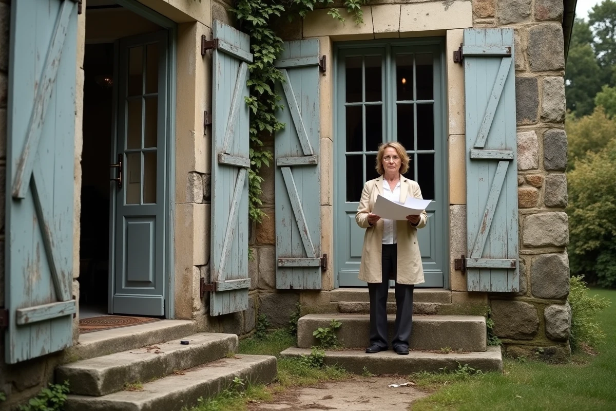 Femme évaluant un manoir abandonné en pierre à vendre pour un projet de gîte, facade envahie par le lierre