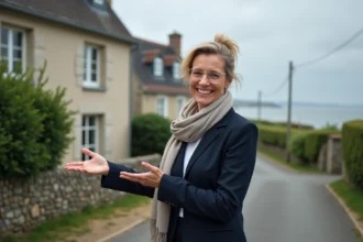 Agent immobilière devant une maison normande à colombages avec vue sur la mer en Normandie