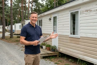 Agent professionnel présentant un mobil-home occasion dans un camping ouvert à l'année