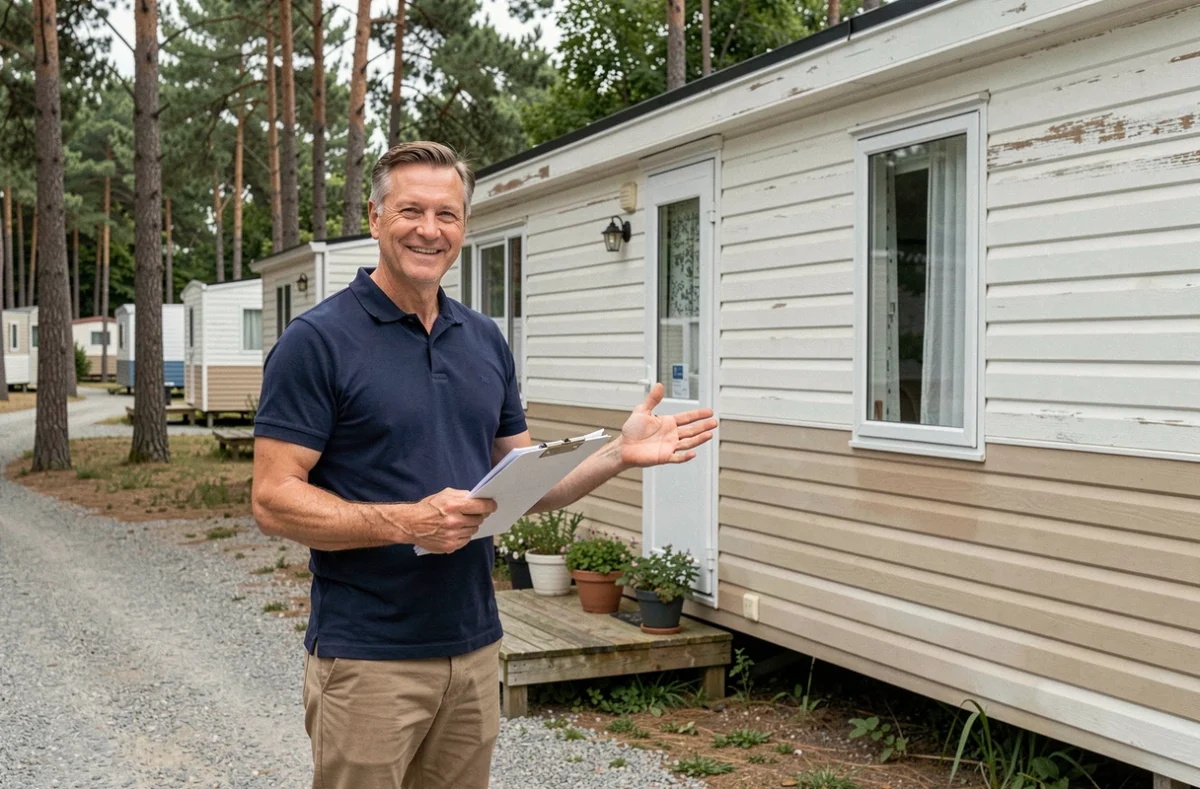 Agent professionnel présentant un mobil-home occasion dans un camping ouvert à l'année