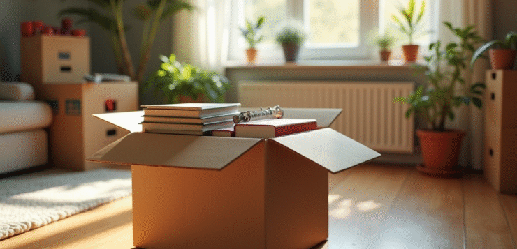 Caisse en carton ouverte dans un salon lumineux avec mains rangeant des livres