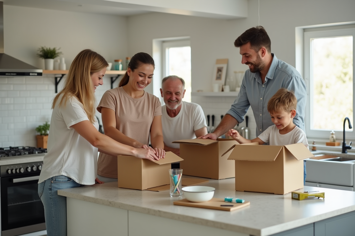 Famille organisant des cartons dans une cuisine moderne ensoleillee