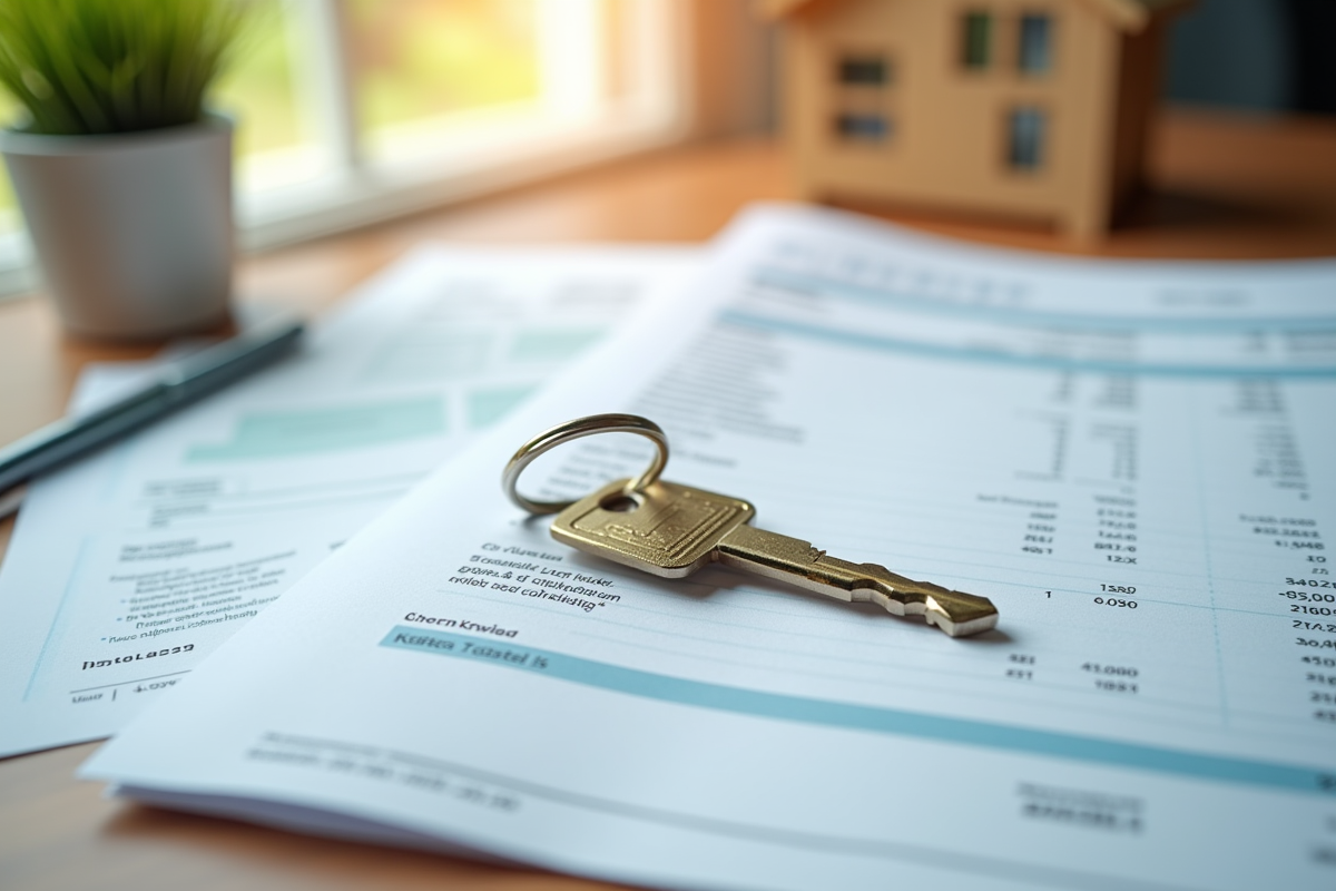 Clé de maison sur factures et papiers financiers sur une table en bois
