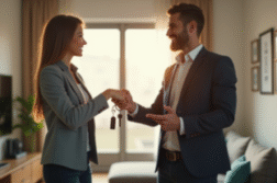Remise des clés à un jeune couple dans un salon lumineux