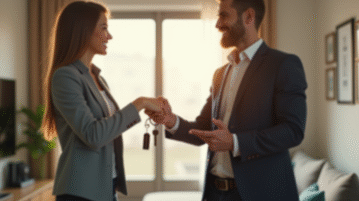 Remise des clés à un jeune couple dans un salon lumineux