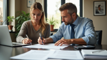 Couple et banquier discutant de prêt immobilier dans un bureau lumineux