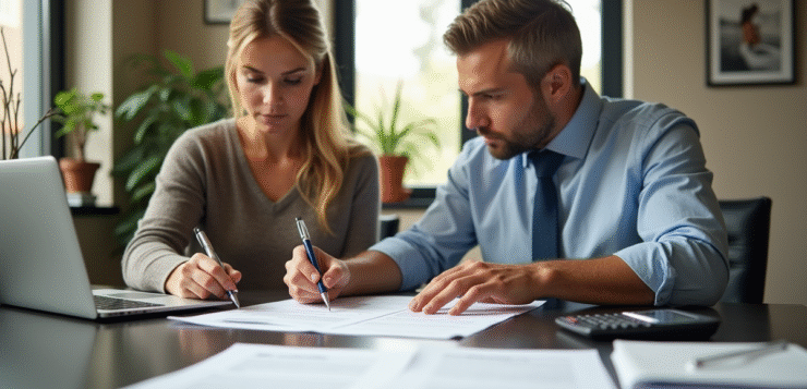 Couple et banquier discutant de prêt immobilier dans un bureau lumineux