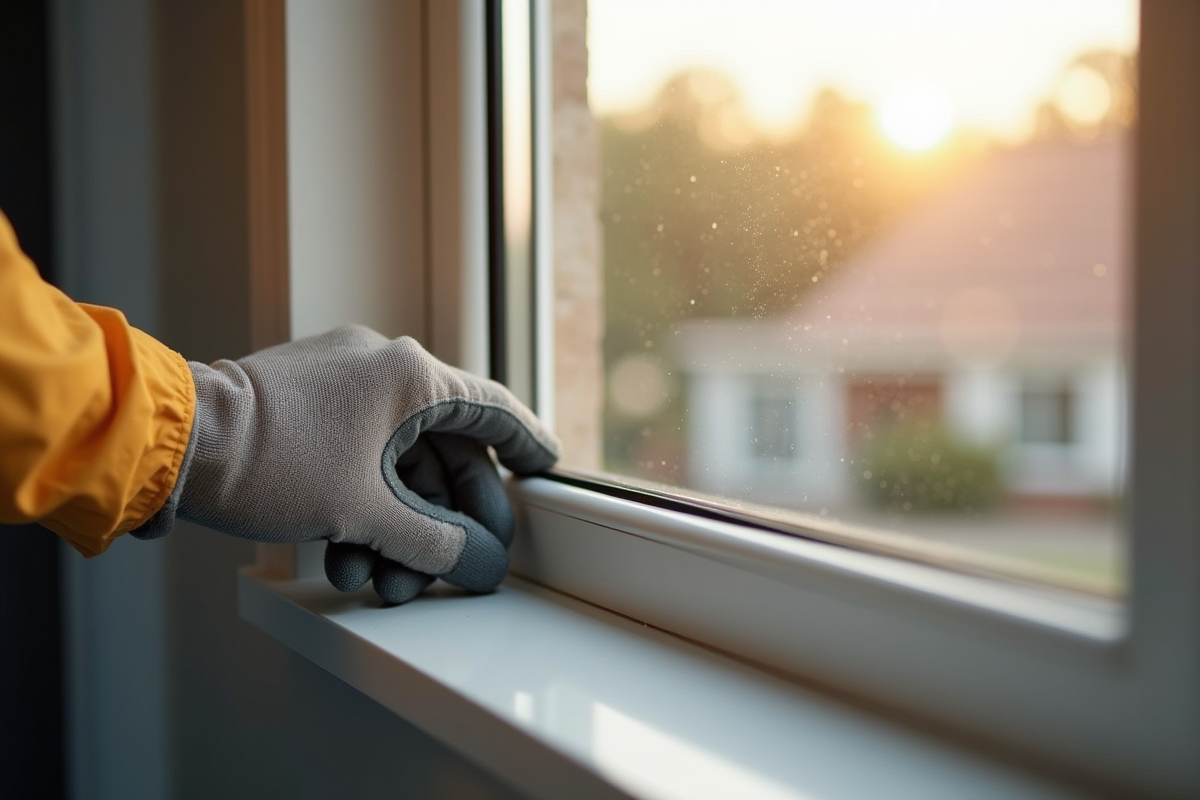 Main en gants installant un cadre de fenêtre en aluminium
