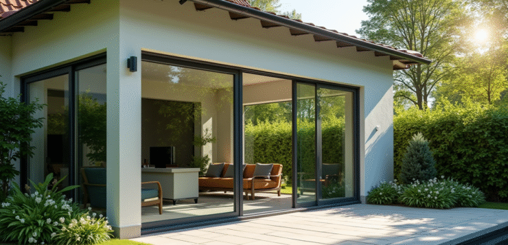 Façade moderne d'une maison à Caen avec grandes fenêtres en PVC et jardin