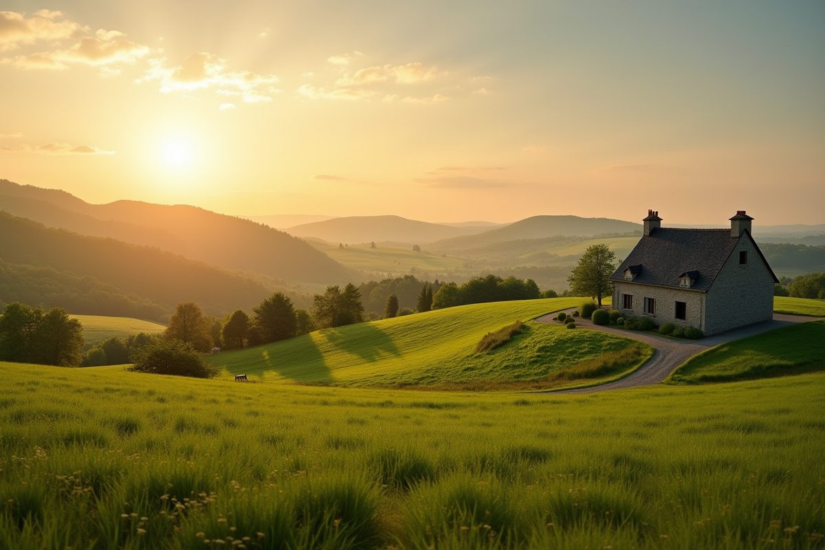 Paysage champêtre en IlleetVilaine au coucher du soleil