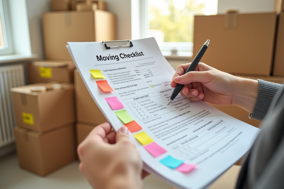 Main tenant une checklist de déménagement dans une pièce lumineuse