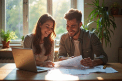 Jeune couple souriant lisant des documents financiers à la maison