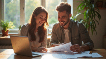 Jeune couple souriant lisant des documents financiers à la maison