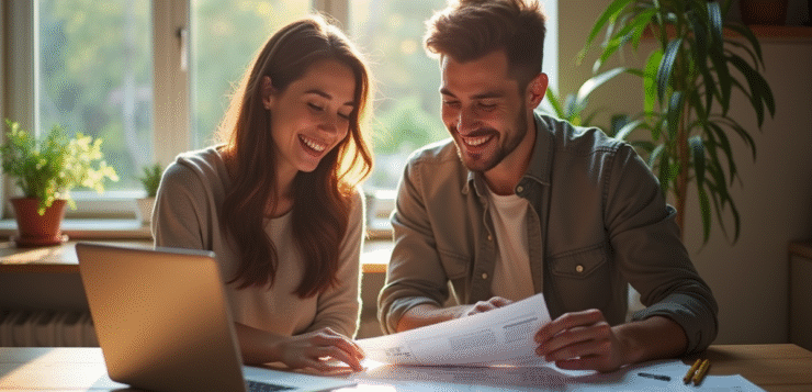 Jeune couple souriant lisant des documents financiers à la maison