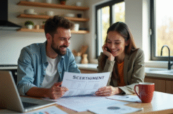 Jeune couple professionnel revoyant un plan de remboursement de prêt à la maison