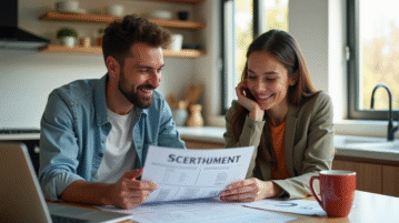 Jeune couple professionnel revoyant un plan de remboursement de prêt à la maison
